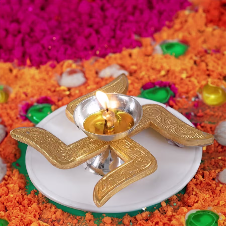 Silver Plated Swastik Diya for Gift, Swastik Diya with Box